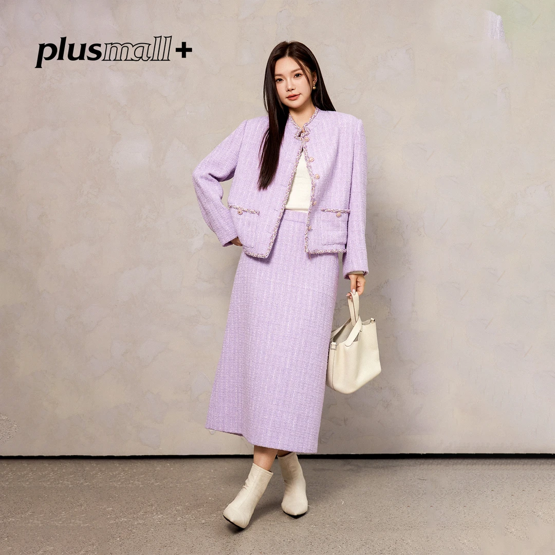 PLUSMALL 馥郁紫蔷薇 精緻小香风短外套+半身裙套套装PM2508119BC