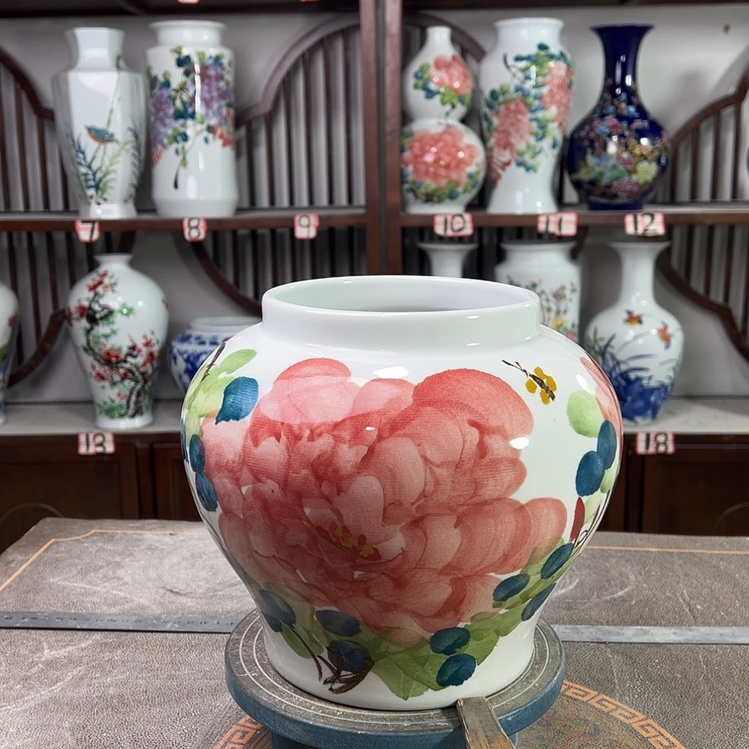 摆件陶景德镇陶瓷大口红牡花