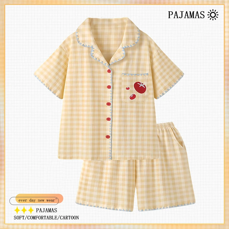 VEARNIE夏季新款短袖短裤开衫甜美睡衣女黄色格子学生家居服套装