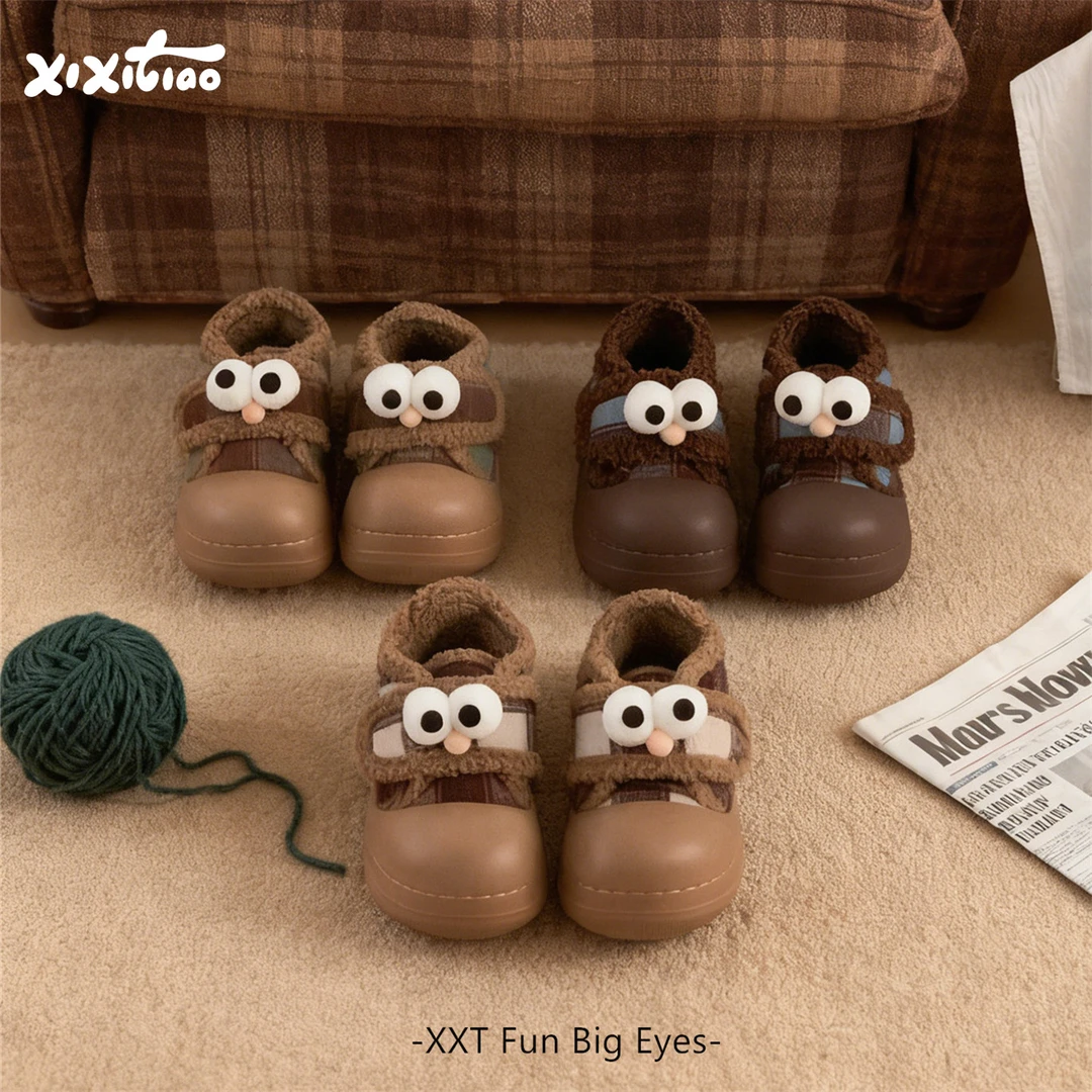 细细条 厚底趣味大眼睛户外穿毛毛棉鞋防滑时尚魔术贴冬面包鞋女