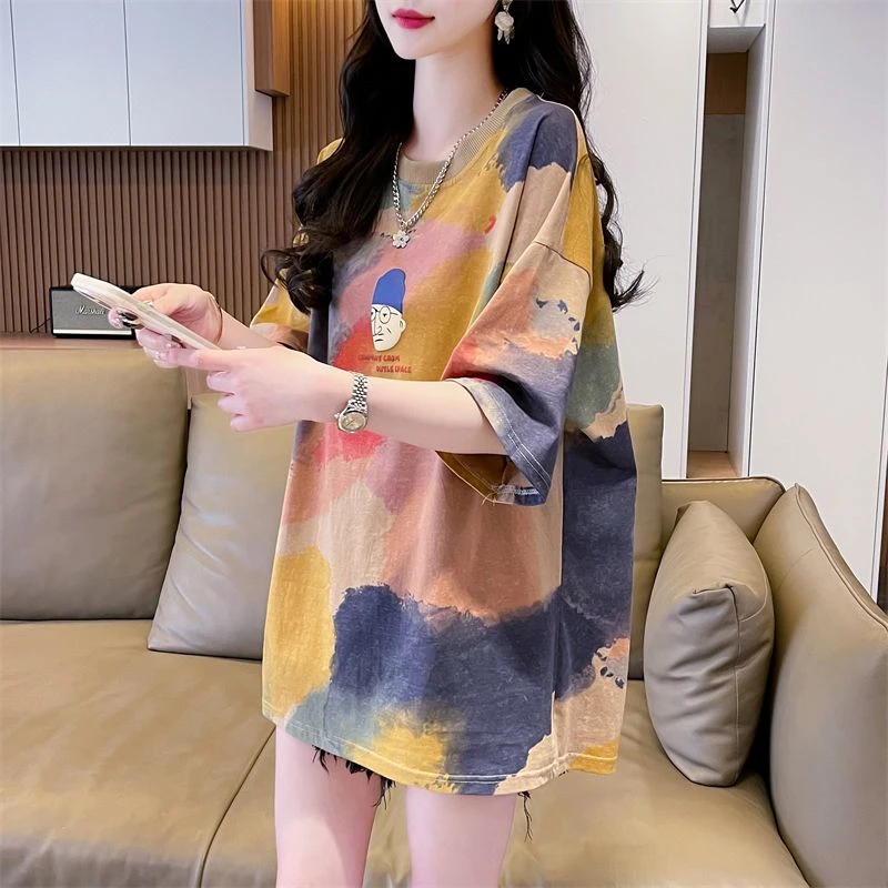 大码100%纯棉短袖t恤女夏季韩版宽松中长款遮屁股百搭潮牌上衣服
