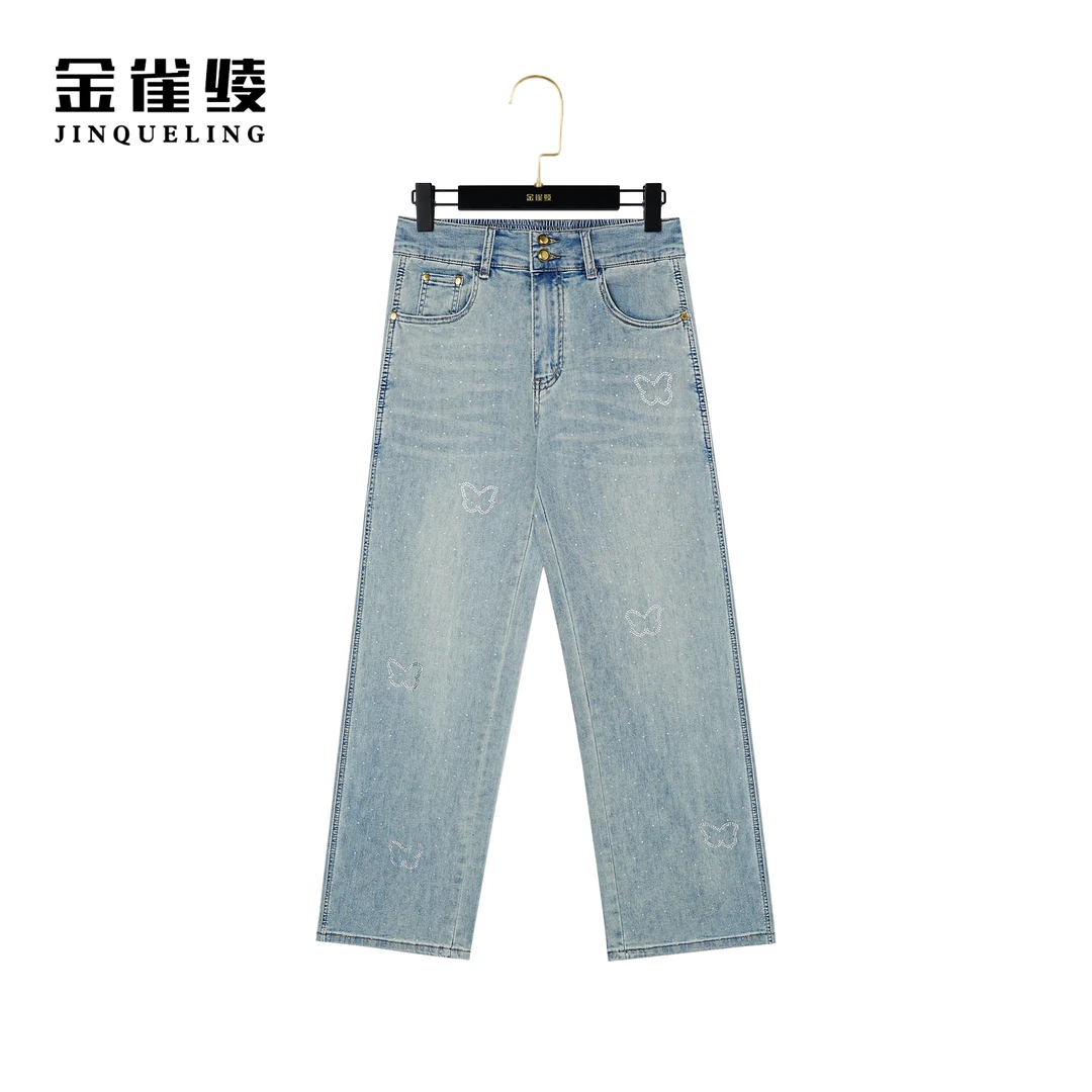 金雀绫【翩翩蝶舞】新款时尚休闲重工烫钻直筒牛仔裤K0284