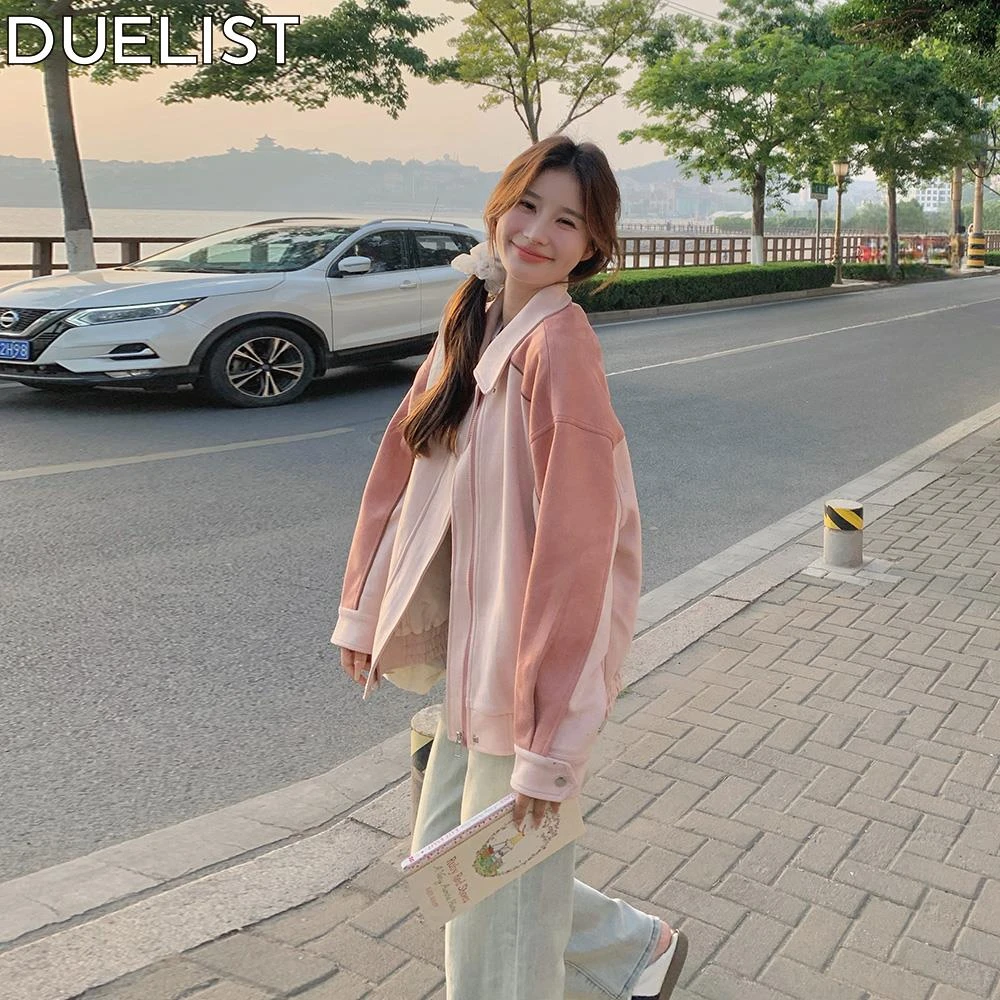DUELIST粉色短款棒球服外套女士新款小个子学院小众皮衣工装夹克