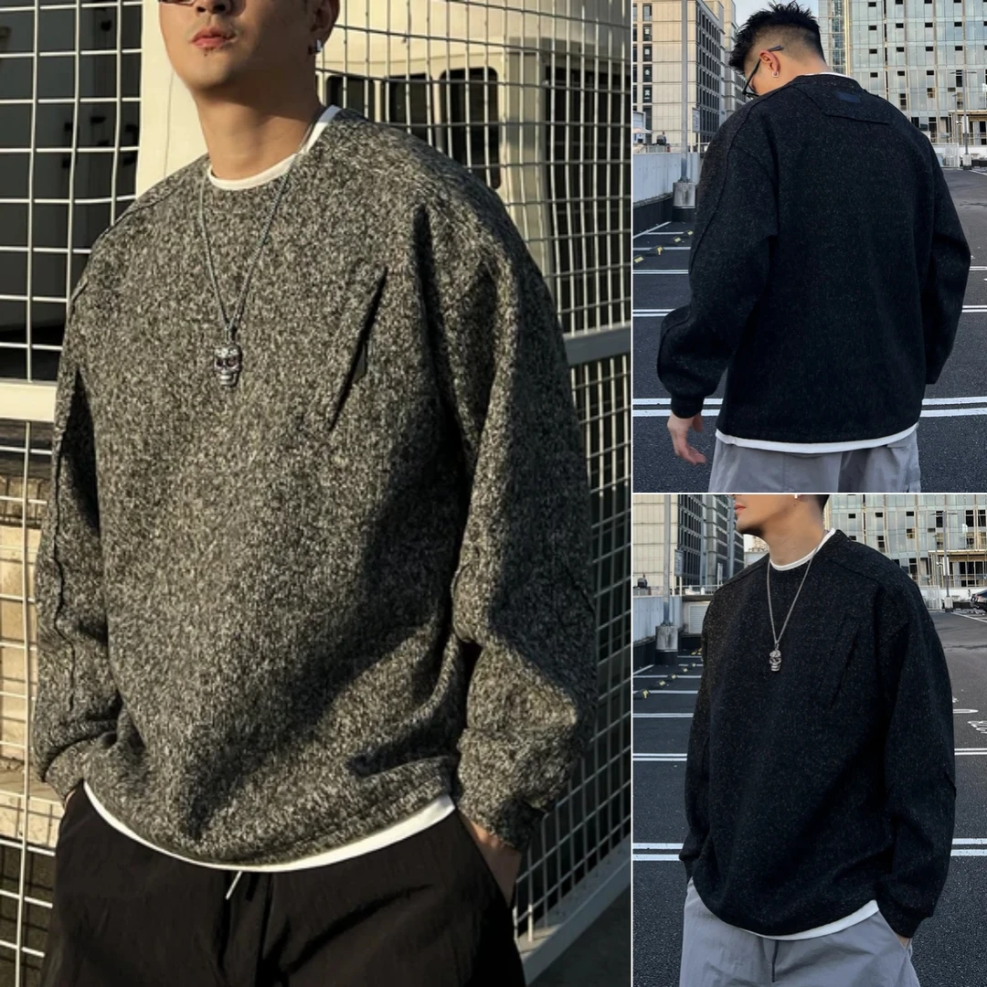 二狗2025冬季高级感痞帅磨毛加厚立体剪裁假两件打底圆领卫衣男款