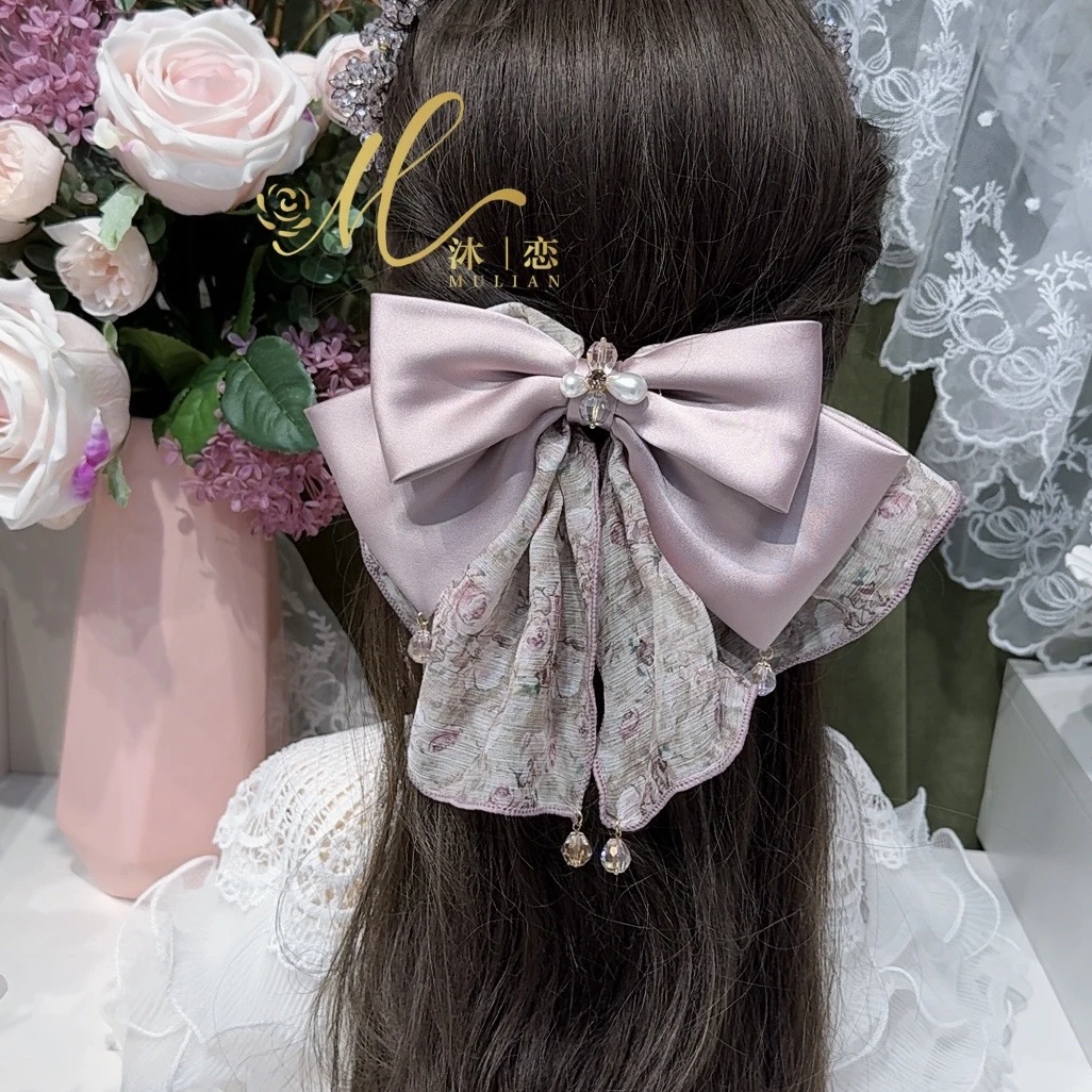 E386【粉色蝴蝶结 10cm 弹簧夹】发饰气质超仙头饰手工