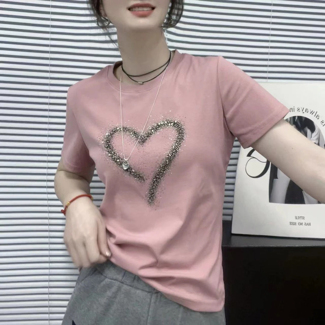 圆领短袖休闲风抗起球烫钻T恤休闲女士打底时尚重工轻奢潮流