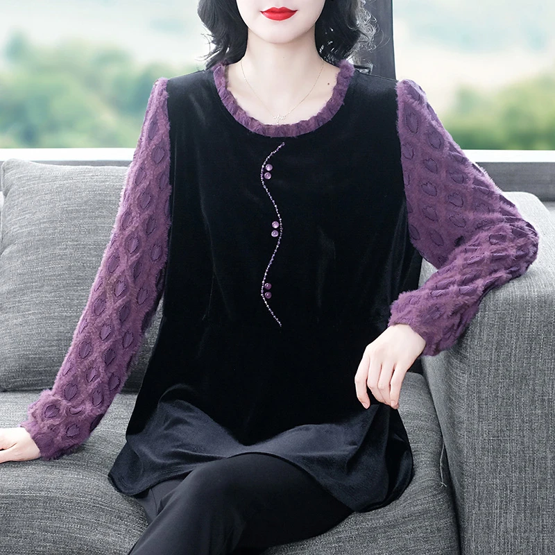 大码女装丝绒拼接T恤加肥加大宽松妈妈显瘦百搭上衣241309