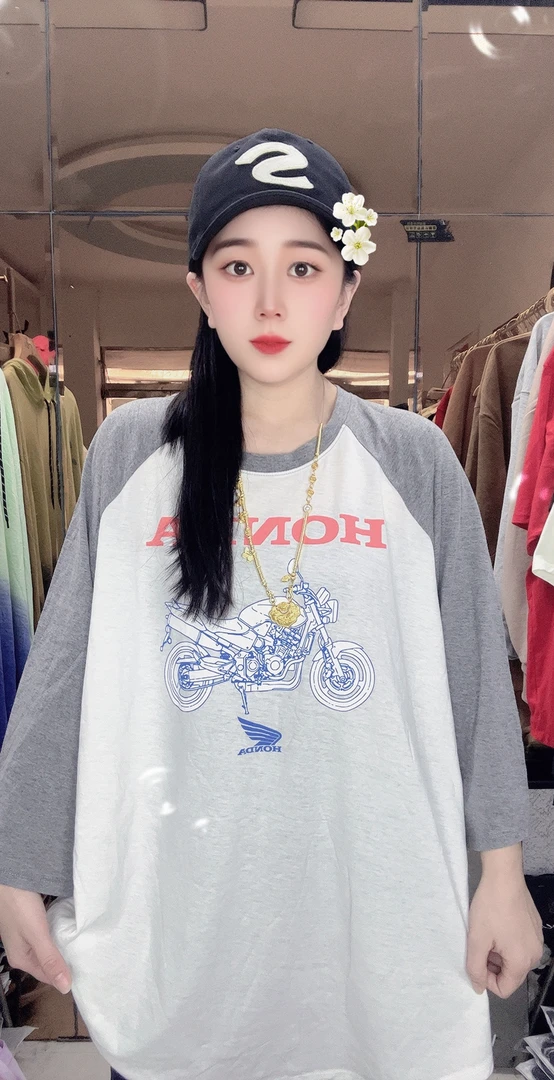 外贸纯棉大码T恤灰白拼接摩托