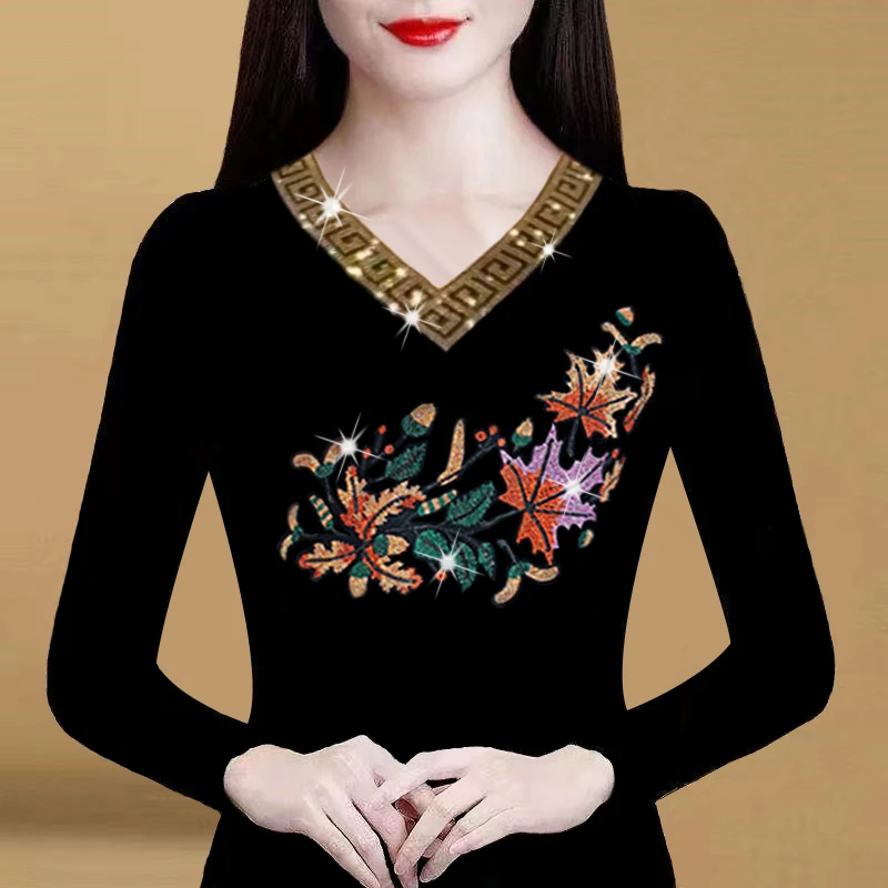 时尚V领烫钻长袖大码遮肚子修身显瘦减龄洋气气质小衫妈妈装上衣