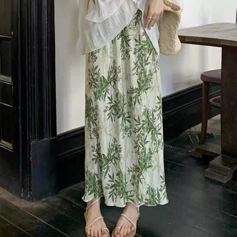 复古风2025夏季新款印花开叉垂感高腰显瘦褶皱气质半身裙中长裙