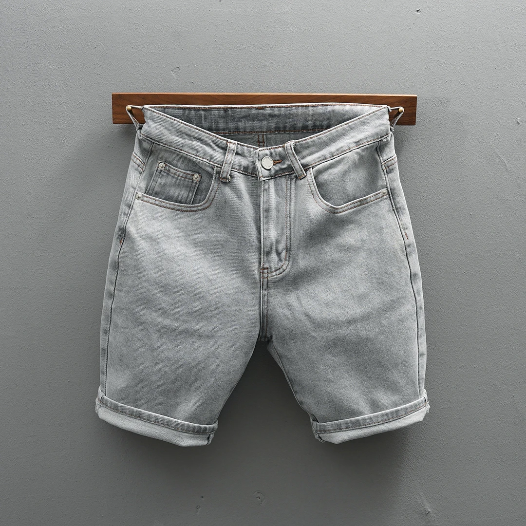 浅灰色牛仔短裤男水洗做旧身小脚夏季薄款弹力潮牌四五分裤子