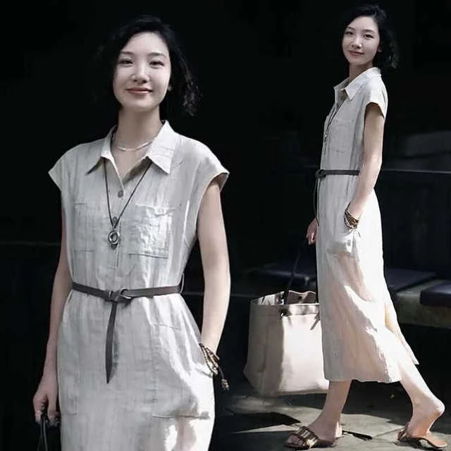 时尚连衣裙女2024夏季新款设计感宽松收腰洋气条纹衬衫慵懒风长裙