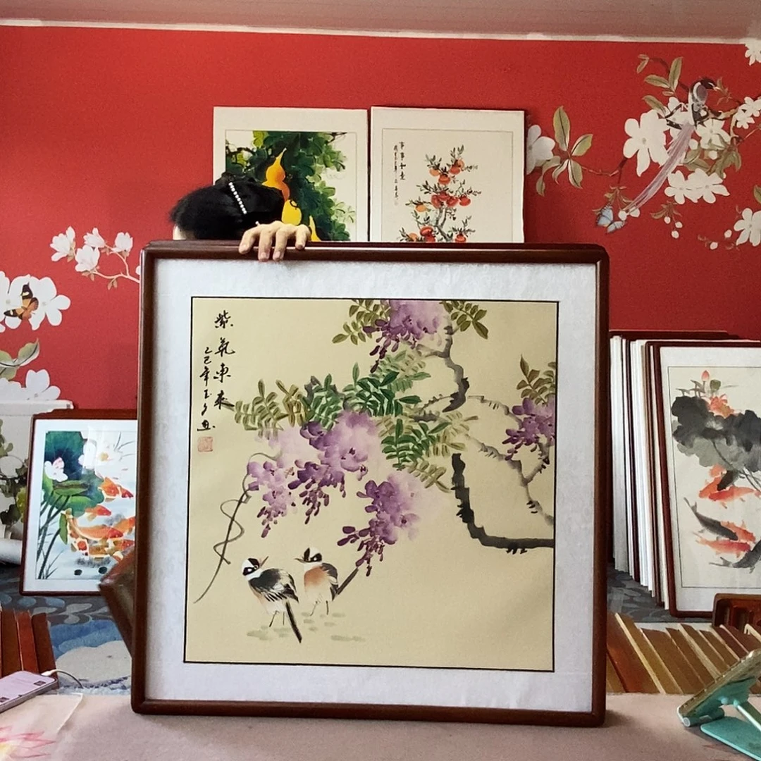 国画手写手绘国画作品带框包邮62✖️62