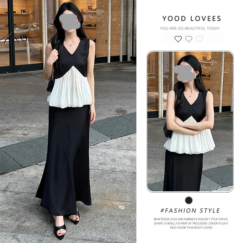 2025夏季新款显气质时尚黑白撞色荷叶边拼接无袖上衣半身裙套装