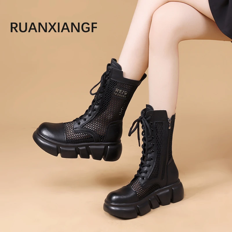 网纱厚底马丁靴女英伦风2025年春夏季薄款透气时尚凉靴大码42女鞋