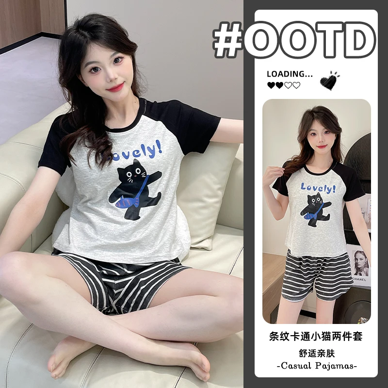 棉质2025年新款睡衣女夏季卡通短袖短裤可外穿带胸垫家居服装套装