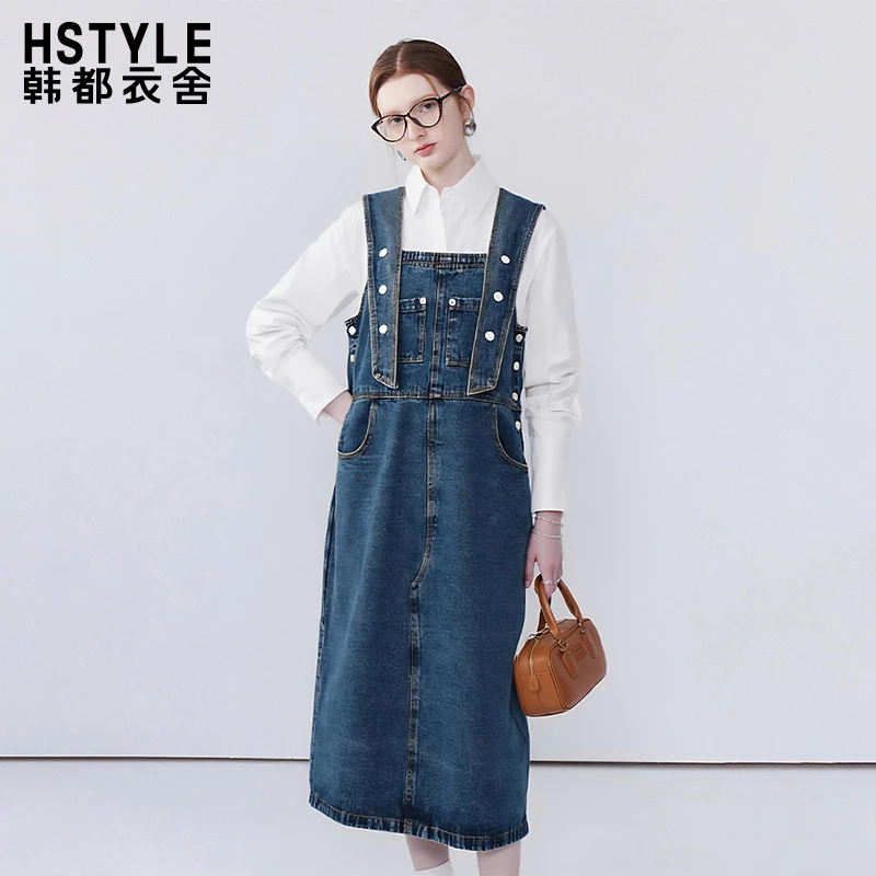 韩都衣舍牛仔长款背带裙女设计感立体口袋休闲时髦小众无袖连衣裙