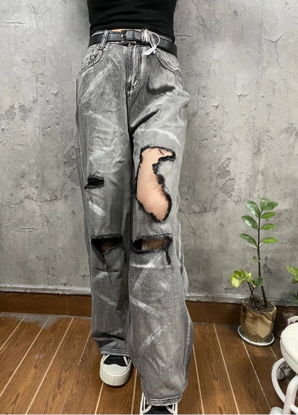 牛仔裤浅灰色破洞涂鸦汤钻阔腿裤美式