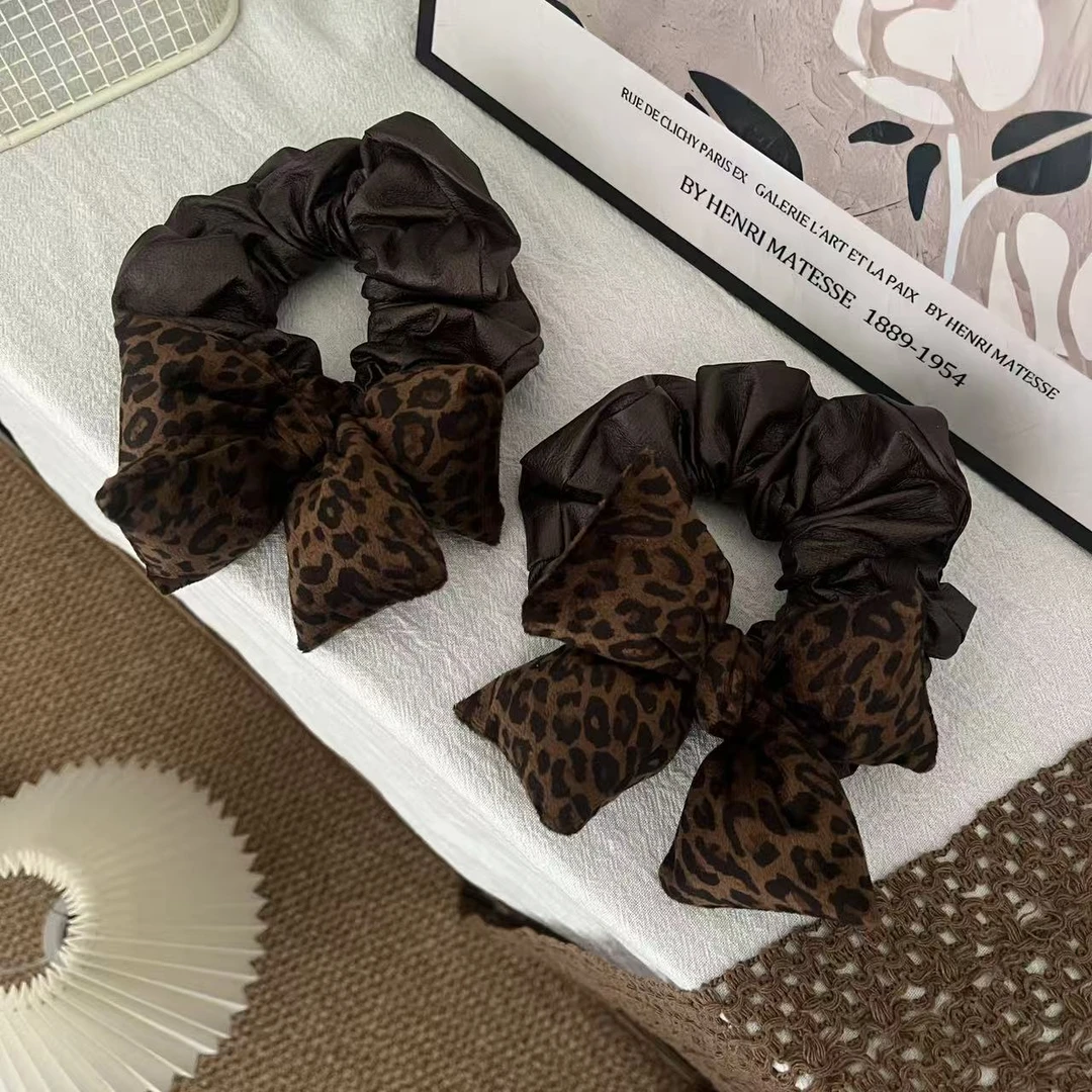 复古豹纹蝴蝶结皮质大肠发圈女2025新款高级感韩系扎马尾发绳头饰