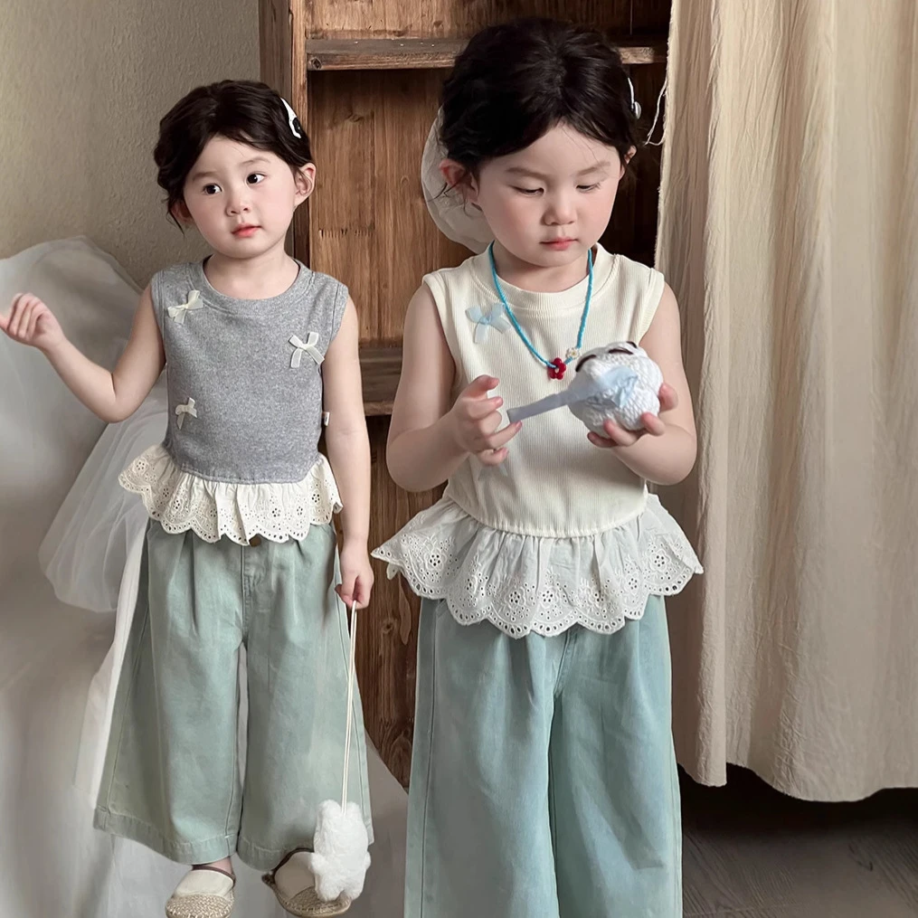 2025夏季新品女童韩版花边无袖上衣儿童甜美蝴蝶结蕾丝公主背心