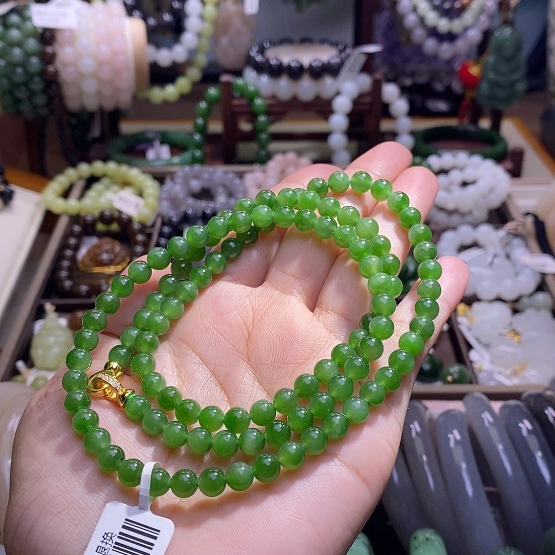 颈饰未镶嵌和田玉精品和田玉碧玉阳绿108项链卡6