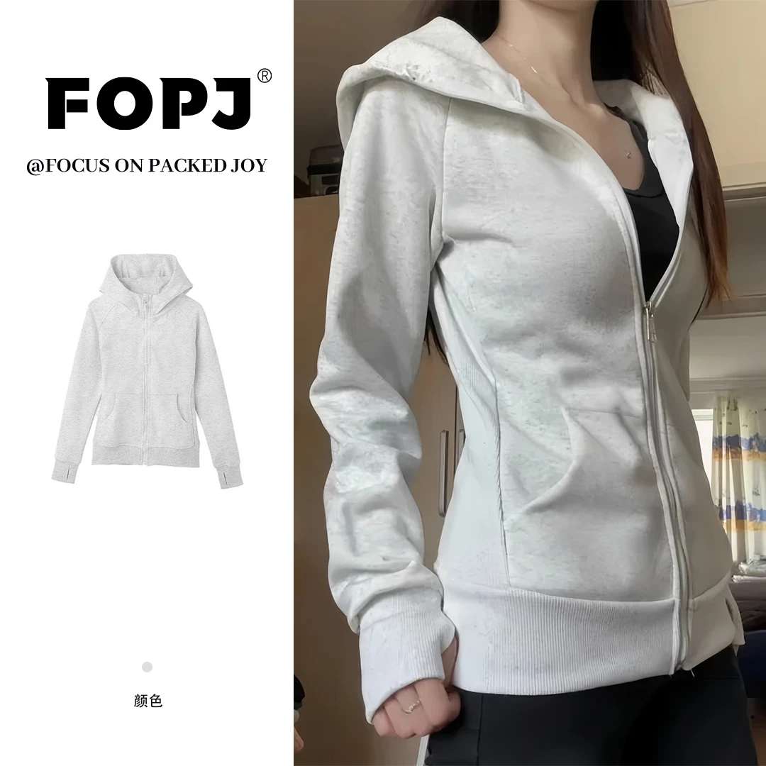 FOPJ美式运动风连帽短款修身卫衣女春秋加厚保暖时尚休闲开衫外套