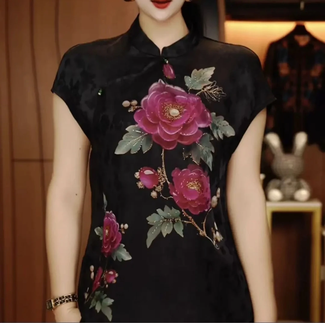 夏季新款立领盘扣短袖印花烫钻牡丹新中式上衣国风百搭女士衬衫