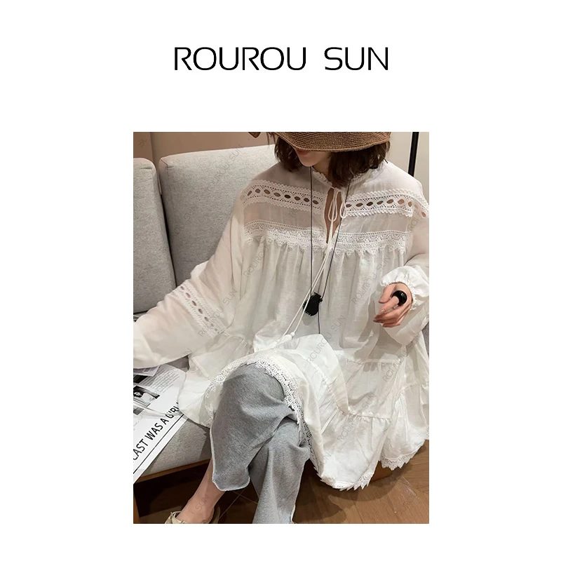 23819法式镂空微透重工下摆蕾丝长袖衬衫女时尚优雅百搭上衣