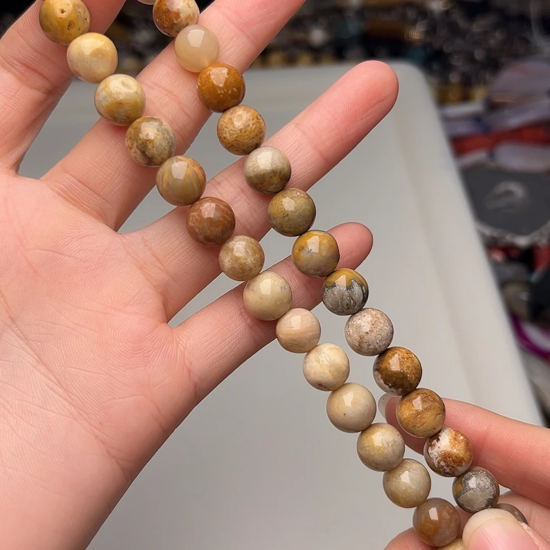 玛瑙/玉髓合金珠宝半成品G360。10mm天然菊花石圆珠一条