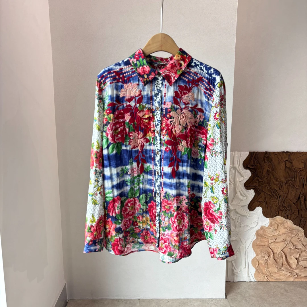 CSY1694 美国客人订单 彩色花朵重工刺绣衬衫