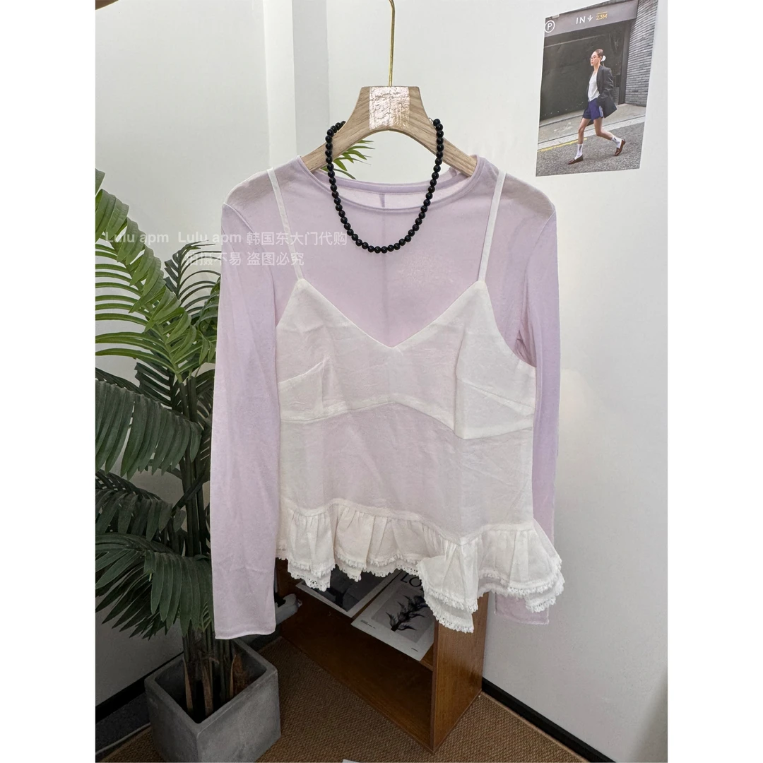 （香芋布丁）无同款！浅紫叠穿花边吊带背心长袖防晒T两件套装3146