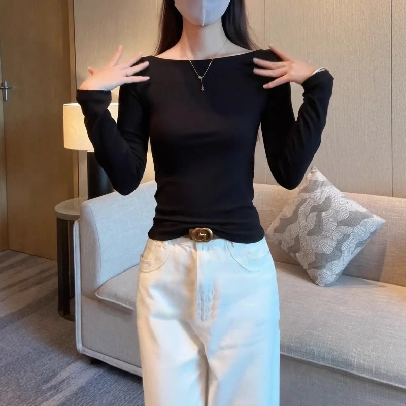 高级感一字领长袖T恤秋冬新款胖MM大码女装气质修身显瘦打底上衣