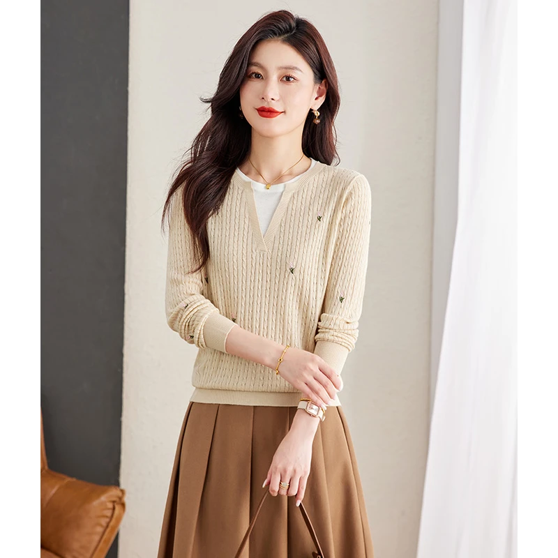 哥弟阿玛施正品羊绒衫2025早秋新款撞色假两件针织衫女刺绣上衣