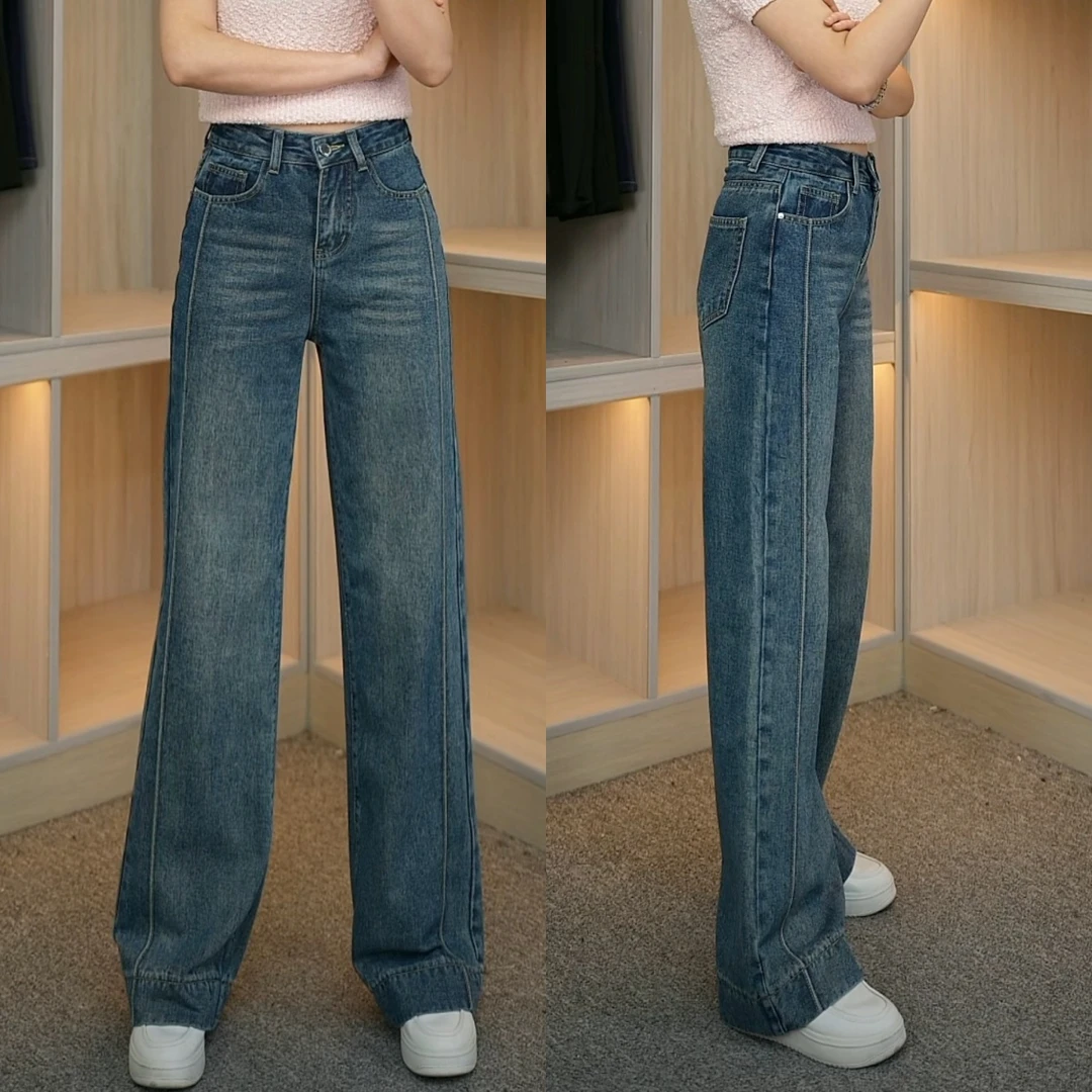 秋季新款复古蓝阔腿裤显瘦小个时尚百搭牛仔裤子休闲复古女士宽松
