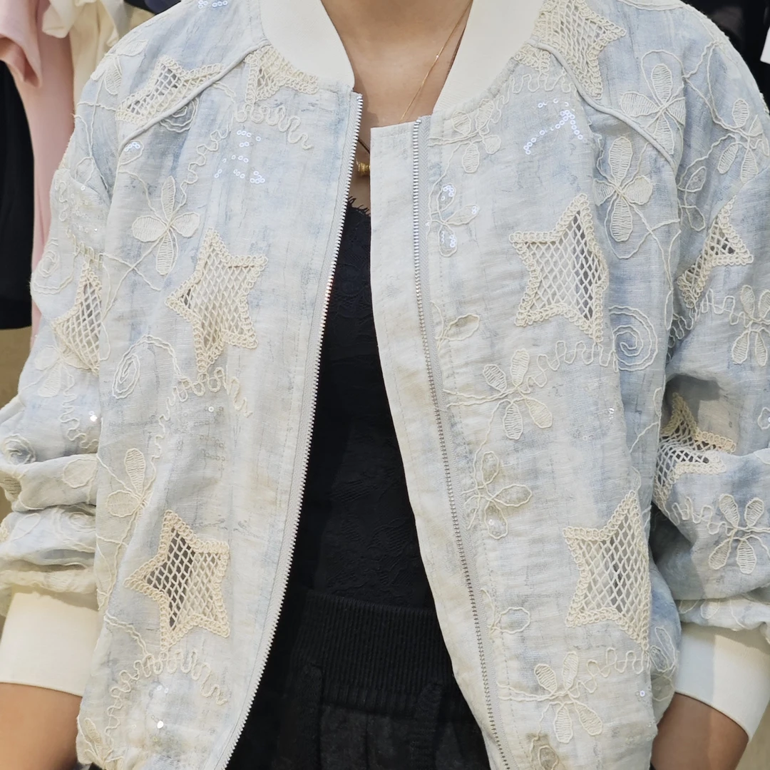 常规款薄款防晒百搭常规短外套设计师时尚网红蕾丝中式蓝色