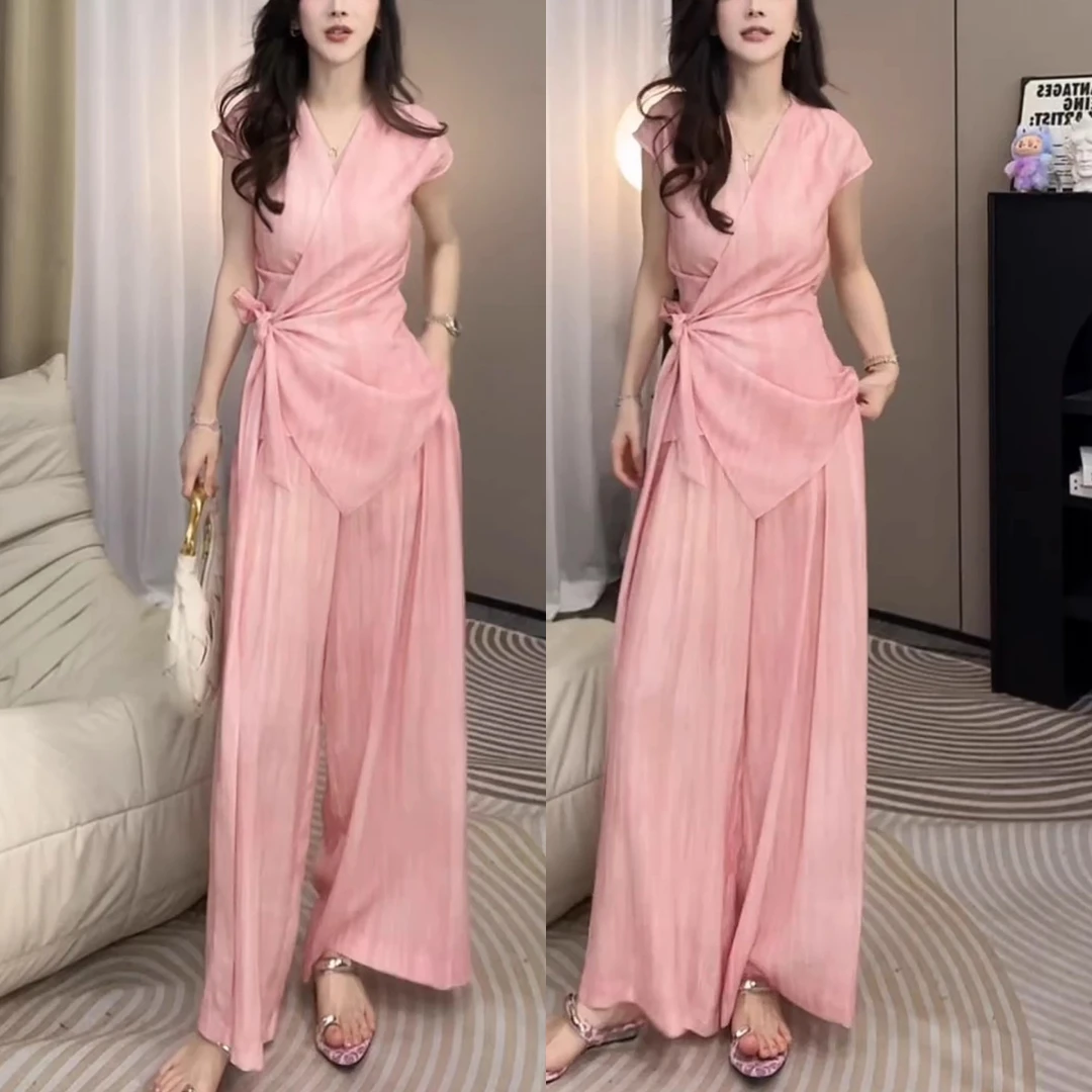 2025夏季新款宽松显瘦成熟气质两件套装潮绑带上衣阔腿裤子套装女