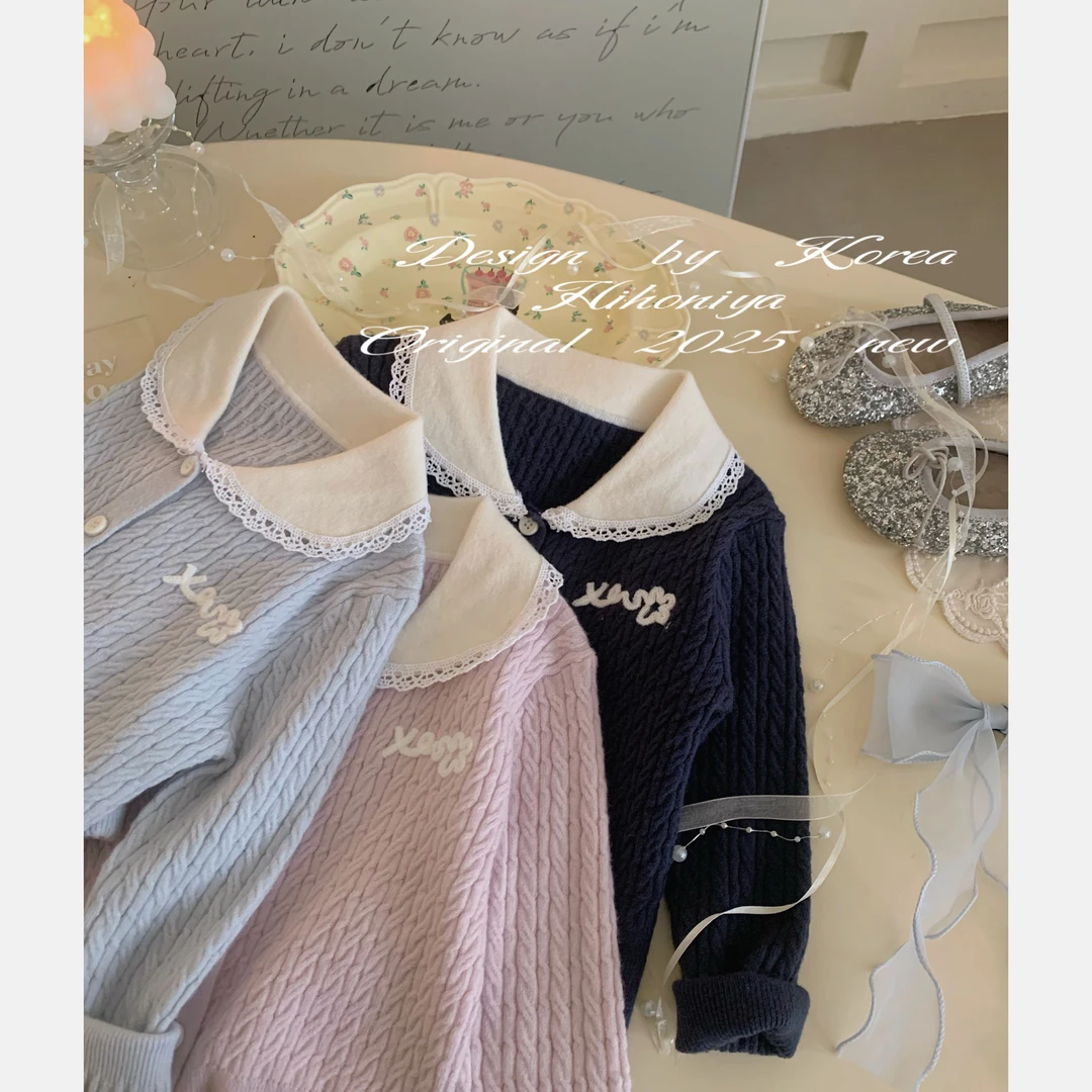 【蓝莓奶酪】二Hihoniya~2025春季亲子款字母翻领毛衣韩版开衫