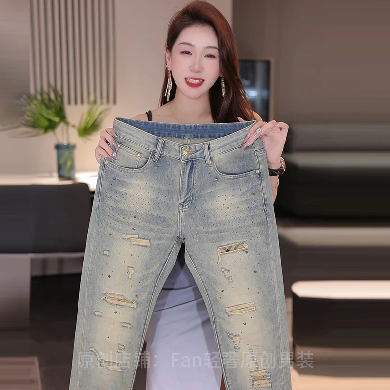 夏季九分男士牛仔裤轻薄透气时尚破洞高端烫钻满天星修身弹力百搭