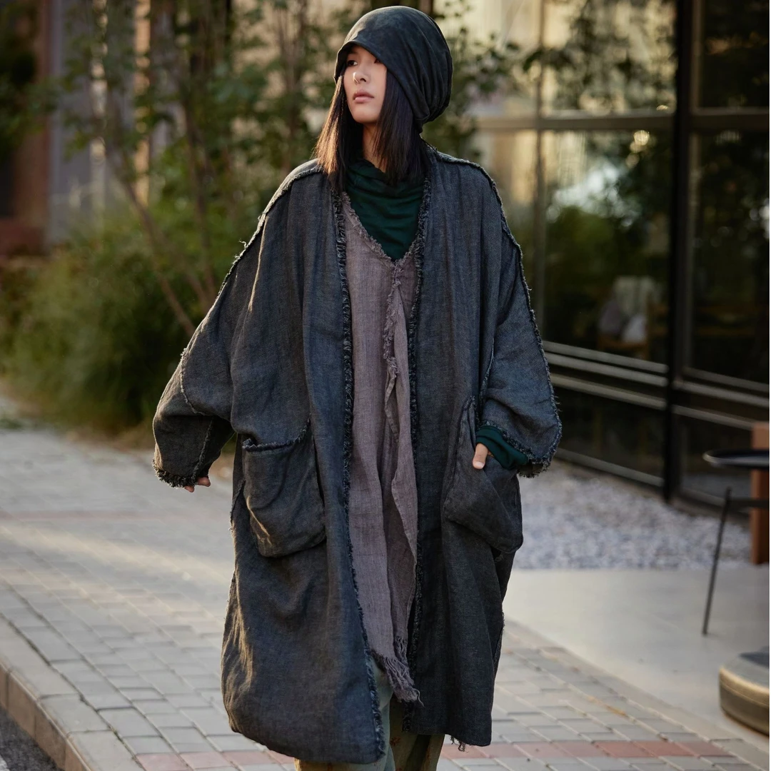 麻依者24秋季新款植物染亚麻文艺时尚百搭双层中长款外套1309