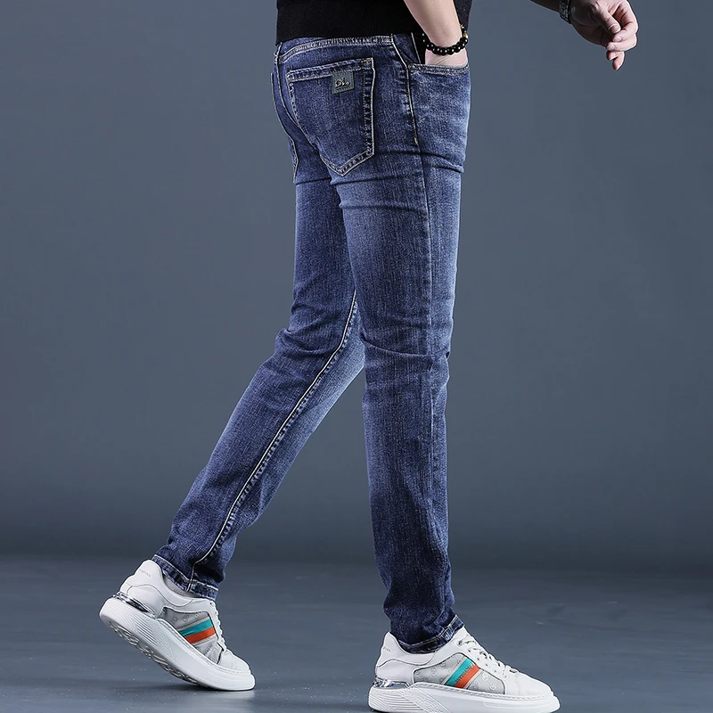 2025年高端春季深蓝色牛仔裤男修身小脚裤弹力时尚百搭男士长裤潮