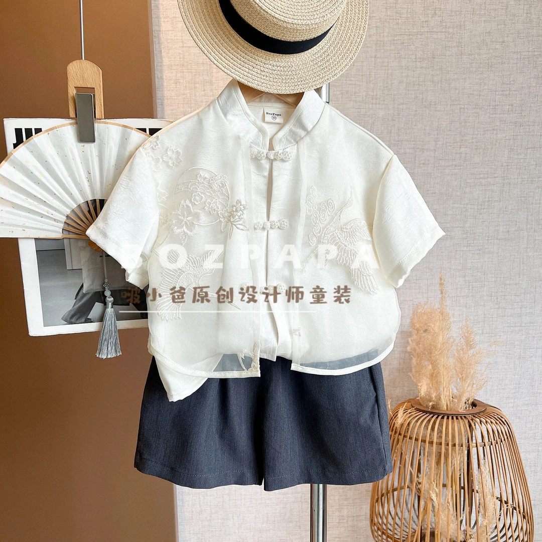 现货啵小爸【白云生处】2025夏季男童新中式白色刺绣设计衬衫两件套