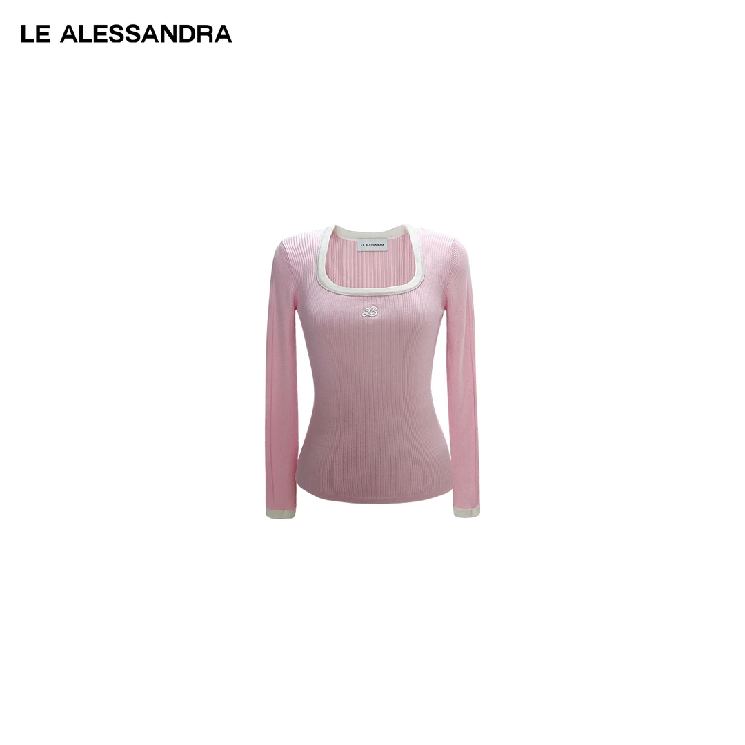 品牌直营 LE ALESSANDRA方领刺绣坑纹拼接撞色针织衫上衣毛衣打底