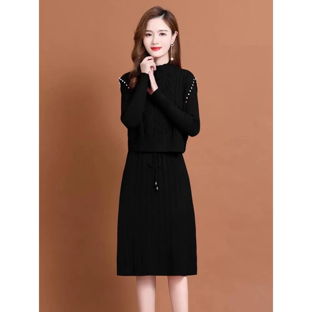 秋冬显瘦红色中长款长袖针织加厚修身洋气时尚气质礼服敬酒服新娘