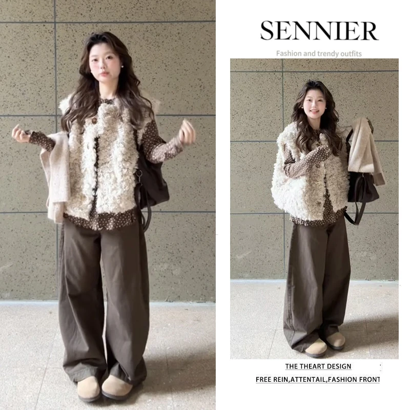 秋冬穿搭一整套2025新款复古波点上衣慵懒百搭马甲阔腿裤三件套装