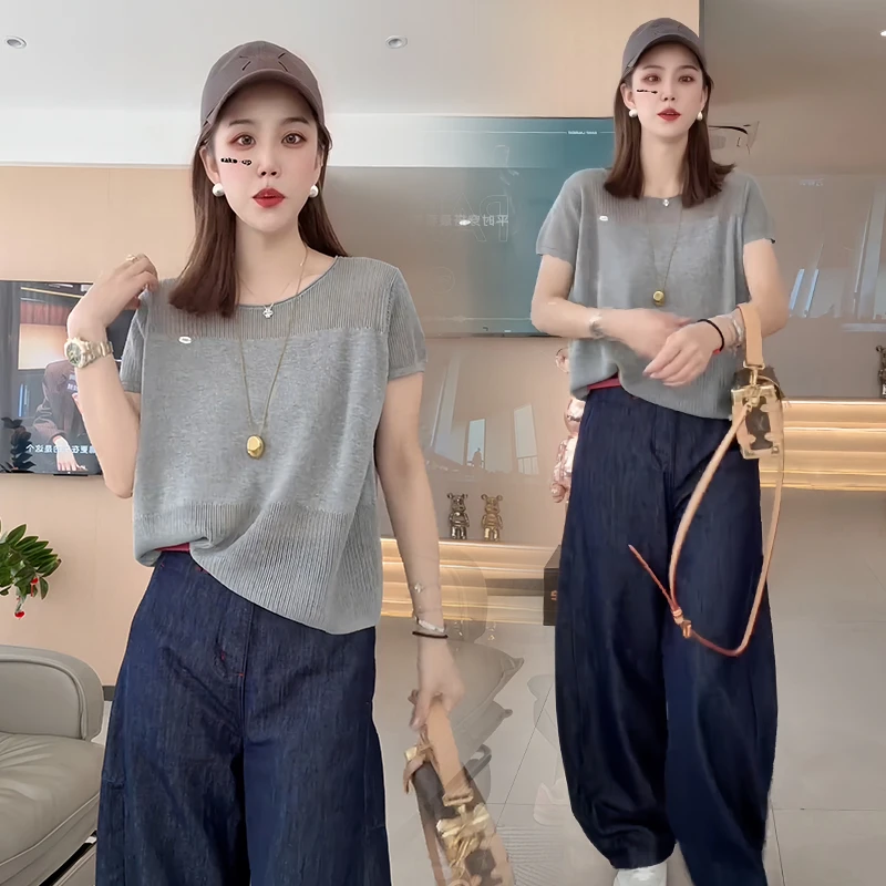 极简风纯色气质短袖针织衫女2025年夏季新款小个子减龄遮肉上衣潮