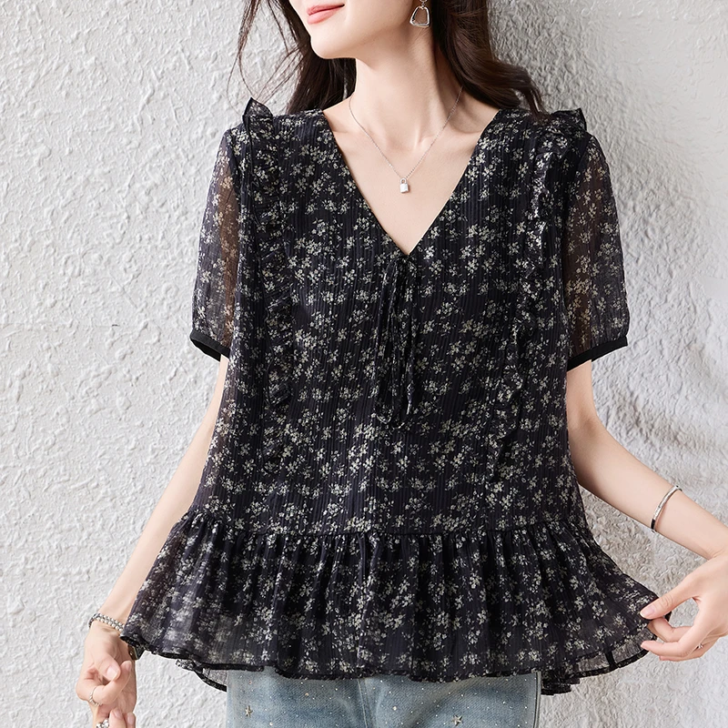 2025年夏季新款V领碎花短袖大码胖MM时尚宽松显瘦遮肉小衫女9988