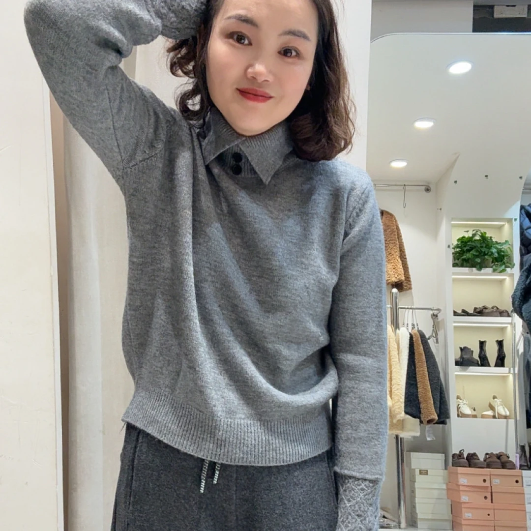 半边天家秋冬翻领针织衫女宽松显瘦百搭毛衣