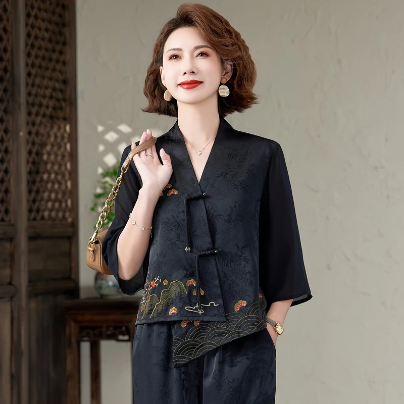 凯美林高贵V领薄款常规中老年女装中国风七分袖夏季宽松套装套裤