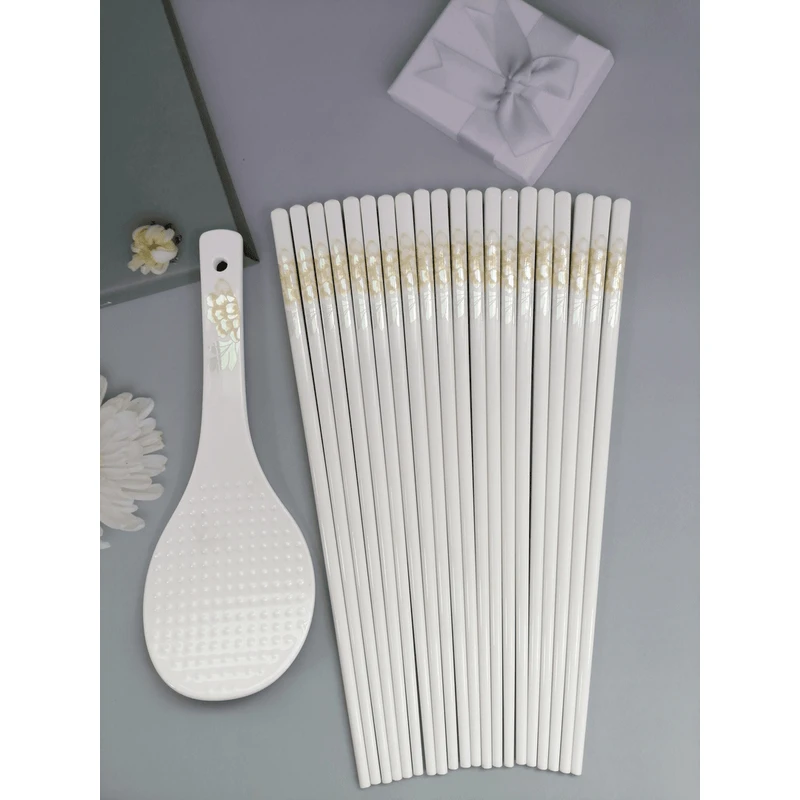 高档方形简约轻奢骨瓷筷子10双+米饭勺1个