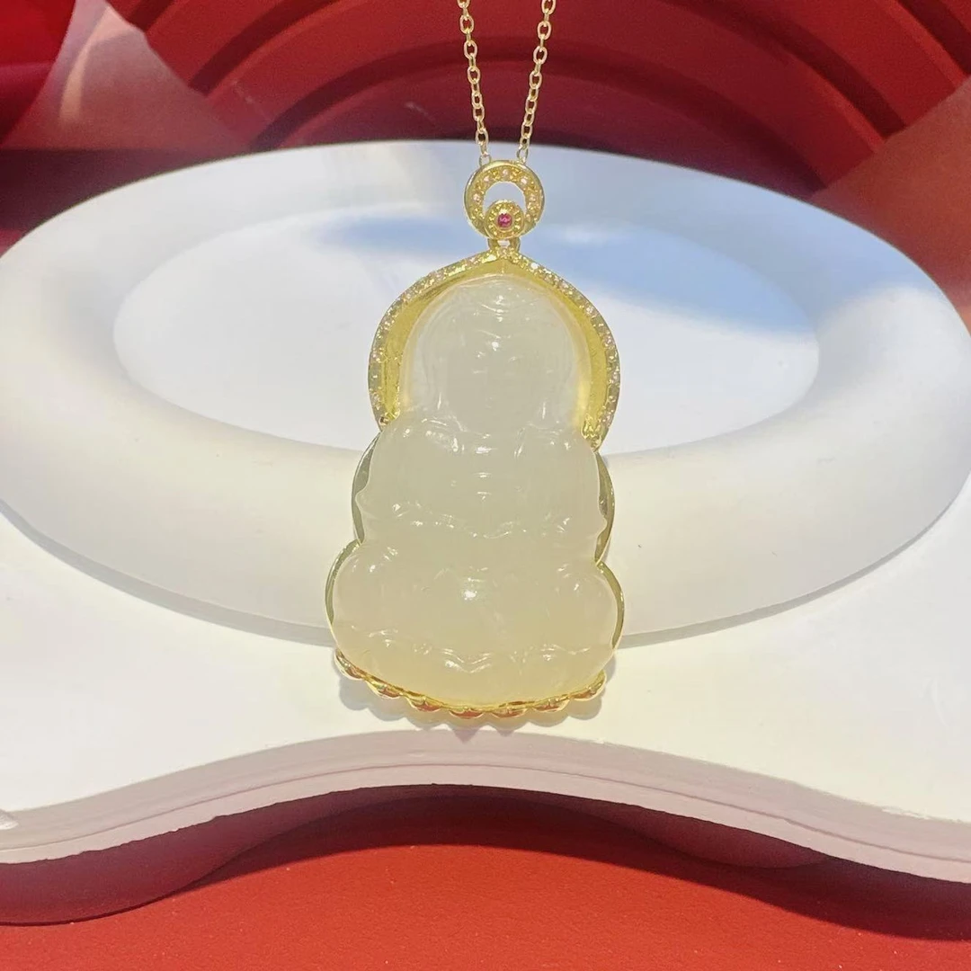 18K金全包镶40*7mm和田白玉观音吊坠HNZ8889